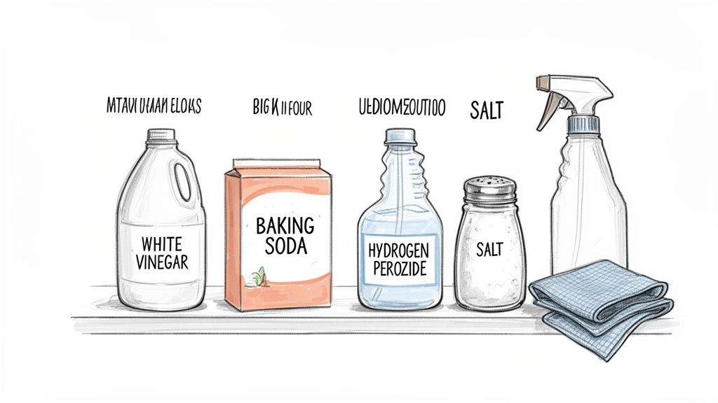 A shelf displays common natural cleaning agents: white vinegar, baking soda, hydrogen peroxide, salt, and a spray bottle with cloths.