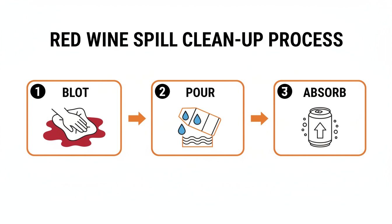 A three-step infographic demonstrating how to clean a red wine spill: blot, pour, absorb.