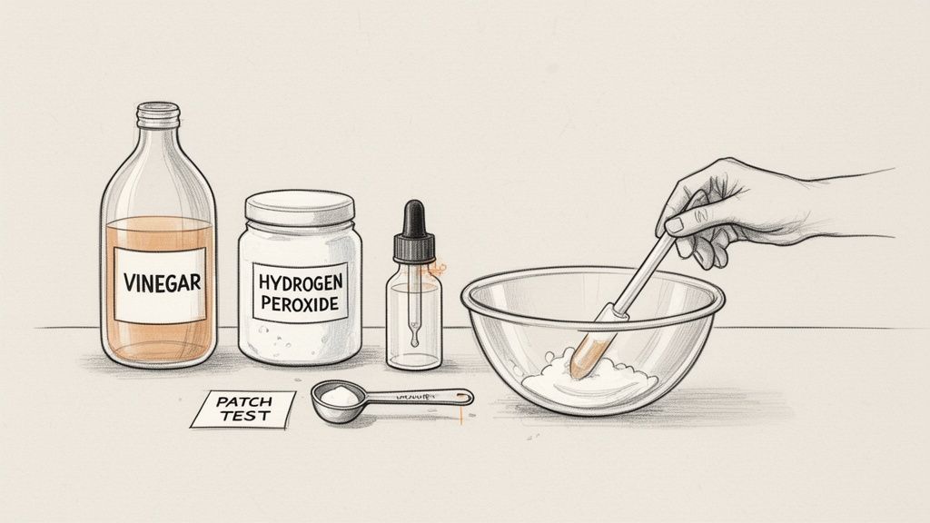 Ingredients for a homemade solution including vinegar, hydrogen peroxide, and powder being mixed in a bowl, with a patch test label.