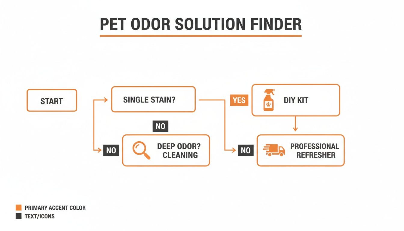Flowchart illustrating pet odor solution options, guiding users from single stains to professional cleaning services.