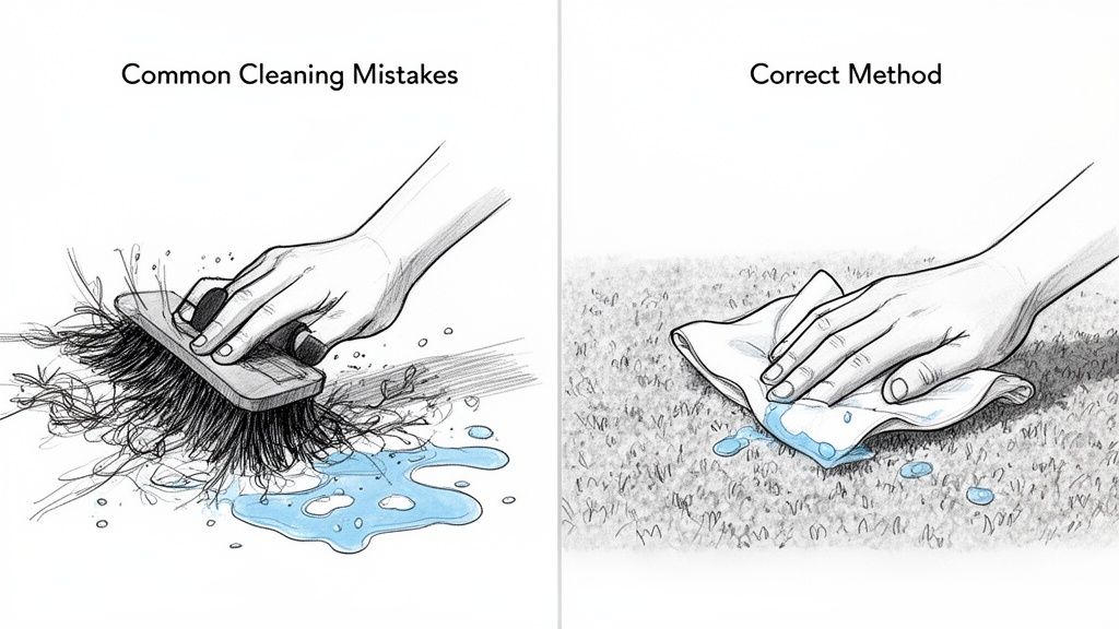 Illustration showing incorrect method of scrubbing a spill with a brush versus correct dabbing with a cloth.