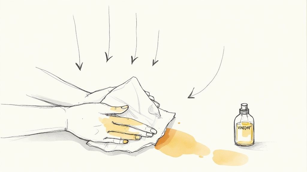 A hand dabs a yellow spill with a cloth, with a bottle of vinegar nearby, illustrating cleaning.