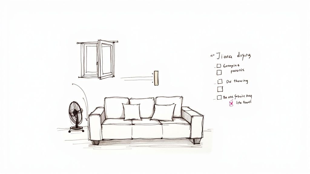 Hand-drawn sketch illustrating a sofa, a fan, an open window, and a cleaning checklist.