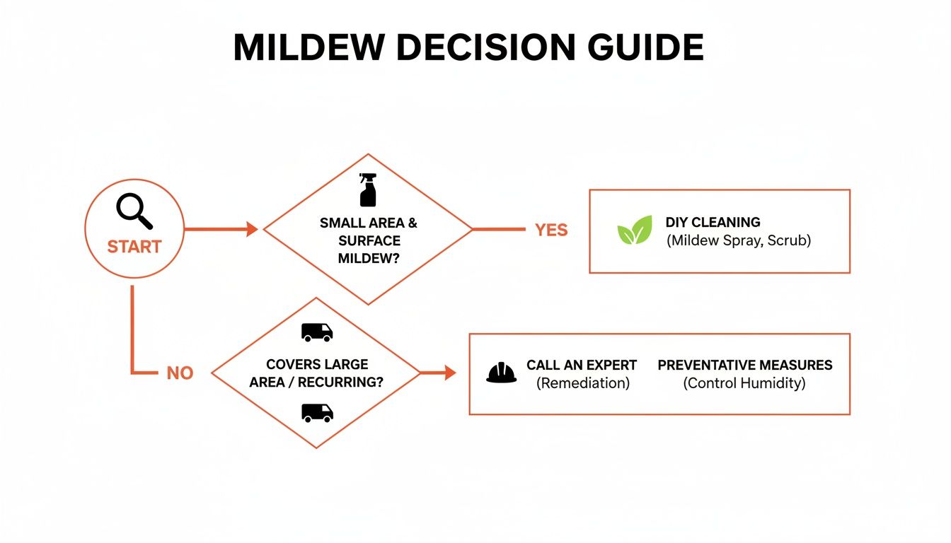 Flowchart guiding mildew treatment decisions: DIY for small areas, expert for large or recurring issues, and preventative measures.