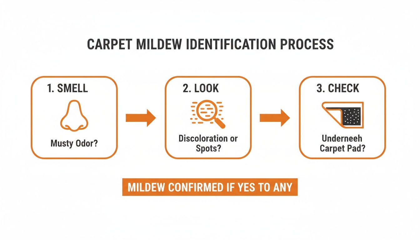 Flowchart showing three steps to identify carpet mildew: smell for musty odor, look for discoloration or spots, and check underneath the carpet pad.
