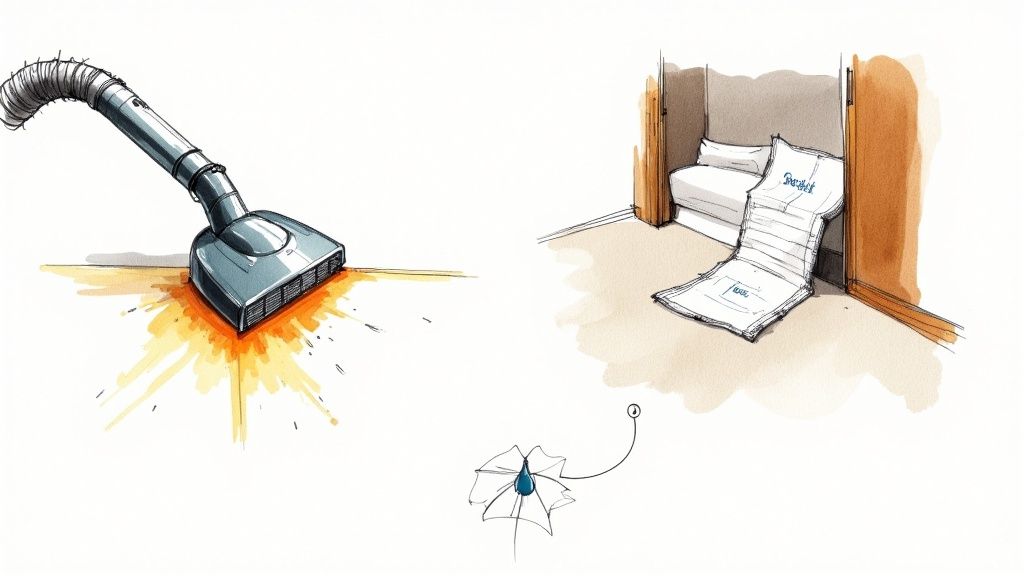 A steam cleaner being used on a dark-colored carpet to remove a tough, set-in stain.