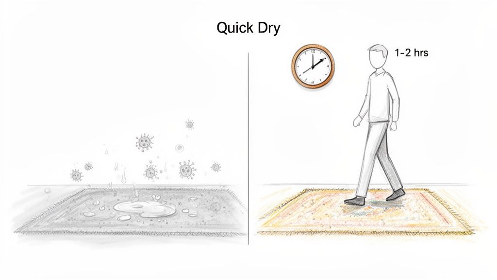 Illustration showing a wet, dirty carpet with germs drying in 1-2 hours for a person to walk on.