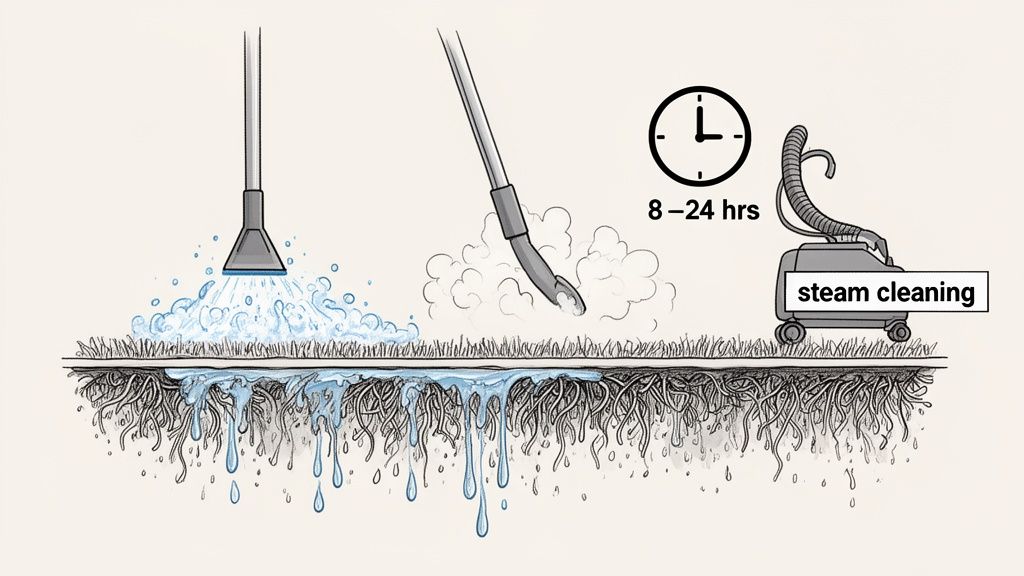 Illustration of a carpet cleaning process showing water application, suction, and steam cleaning, with 8-24 hours drying.