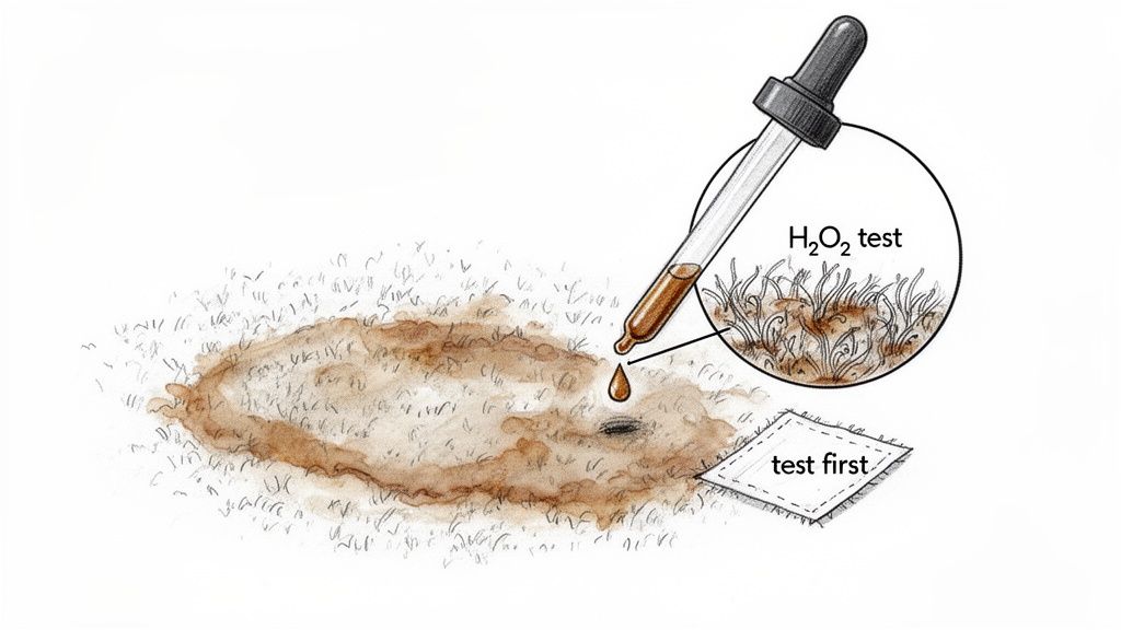 A pipette drips liquid onto a carpet stain, showing a magnified H₂O₂ test with a 'test first' patch.