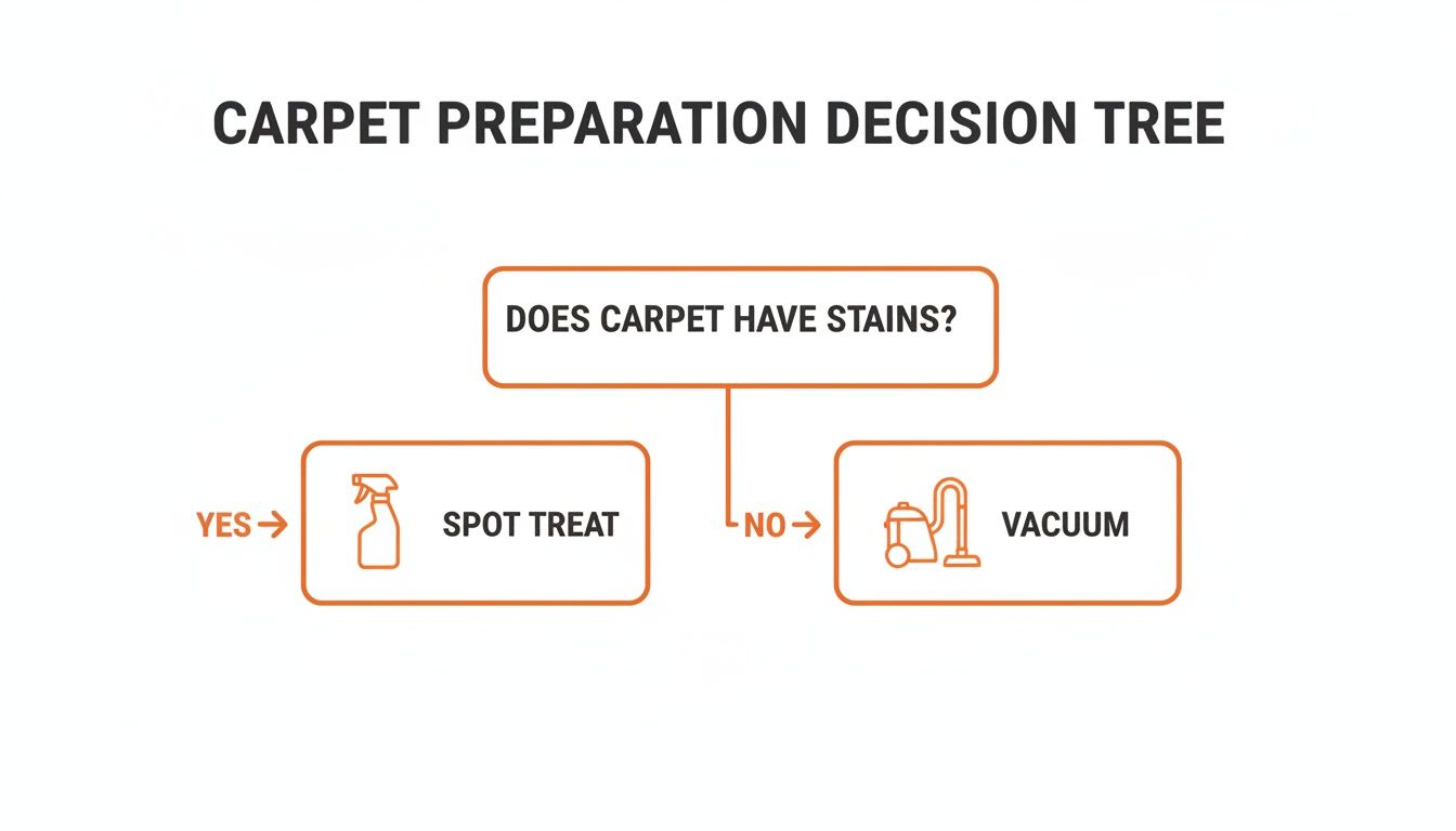 A carpet preparation decision tree showing to spot treat for stains or vacuum otherwise.