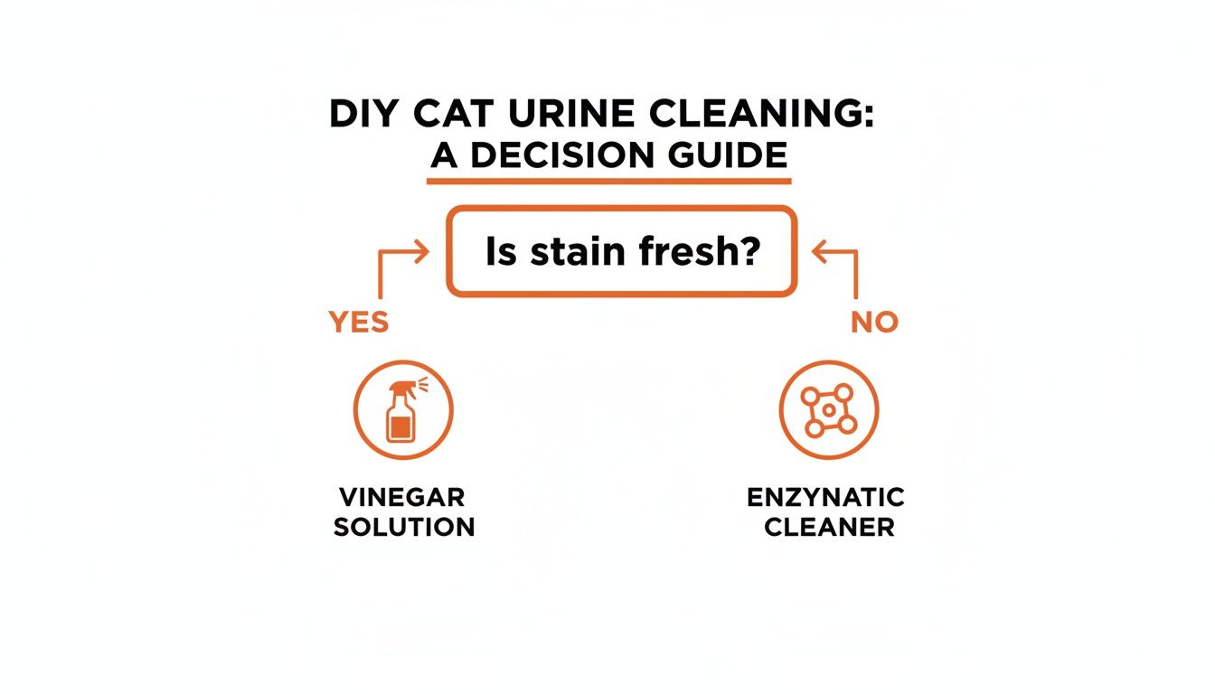Flowchart for DIY cat urine cleaning: fresh stains use vinegar, old stains use enzymatic cleaner.