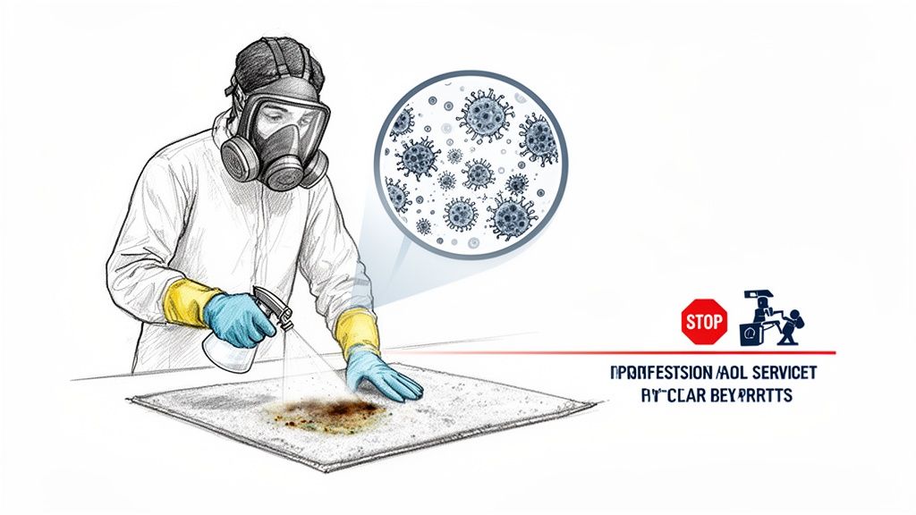 Person in hazmat suit and gas mask spraying disinfectant on a soiled carpet, showing microscopic viruses.