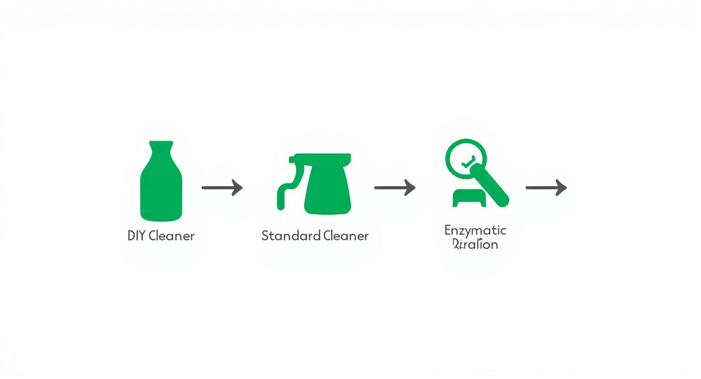 Infographic showing the process of using DIY, standard, and enzymatic cleaners on carpet.