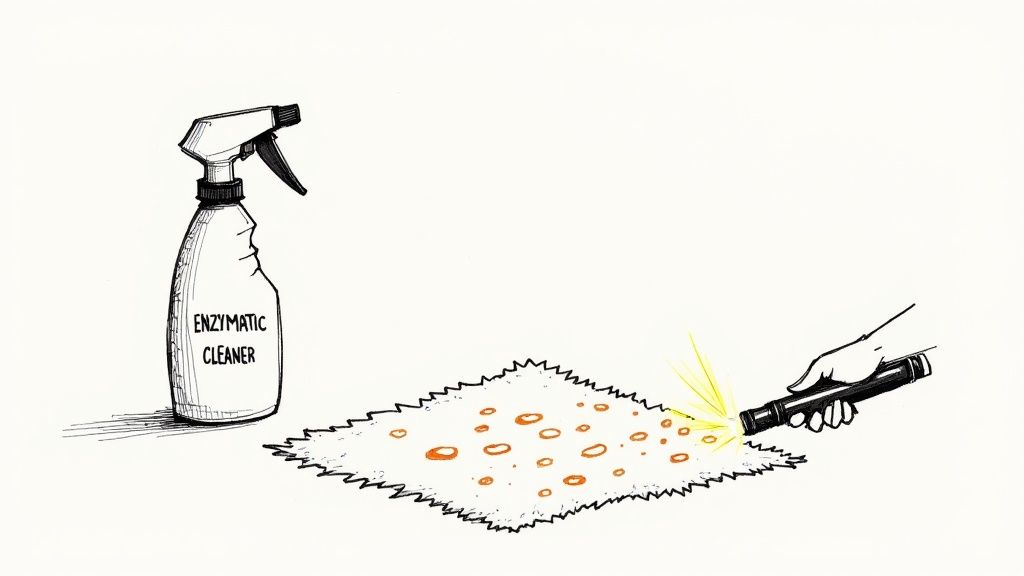 A spray bottle of enzymatic cleaner stands beside a carpet patch with orange stains illuminated by a flashlight.