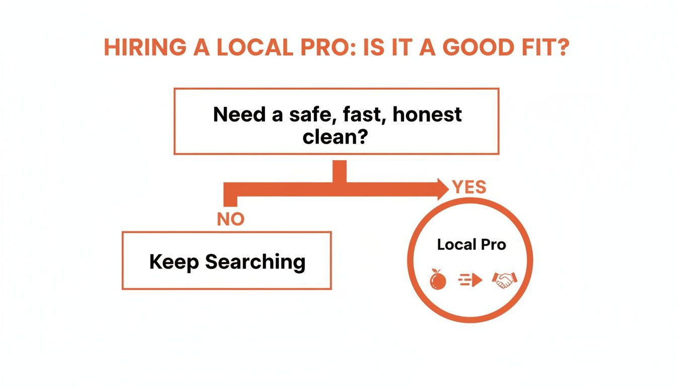 A flowchart titled 'Hiring a Local Pro: Is it a good fit?' guiding users to a local pro.