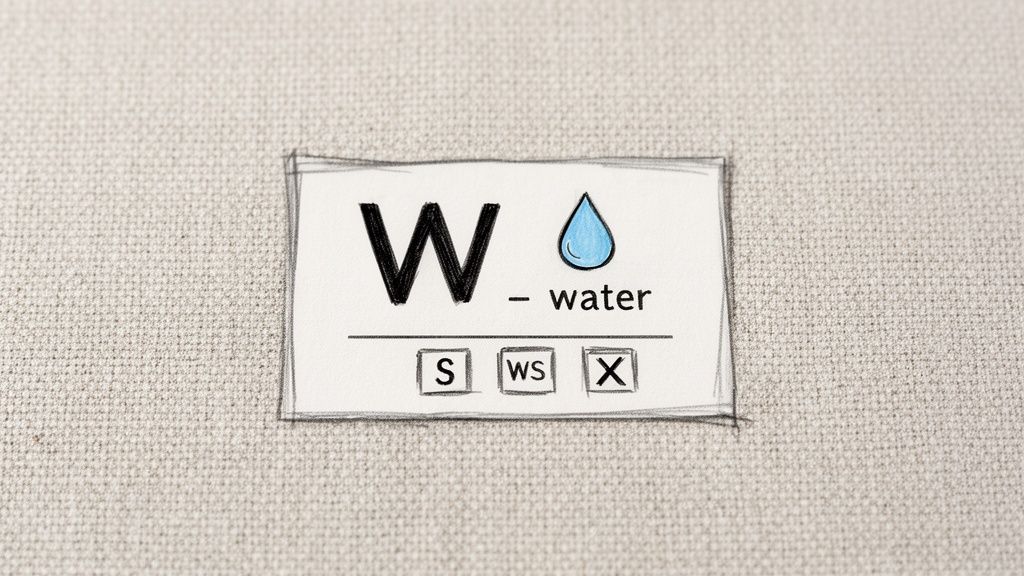 An upholstery cleaning code label showing 'W - water' with a water droplet, and 'S', 'WS', 'X' options.
