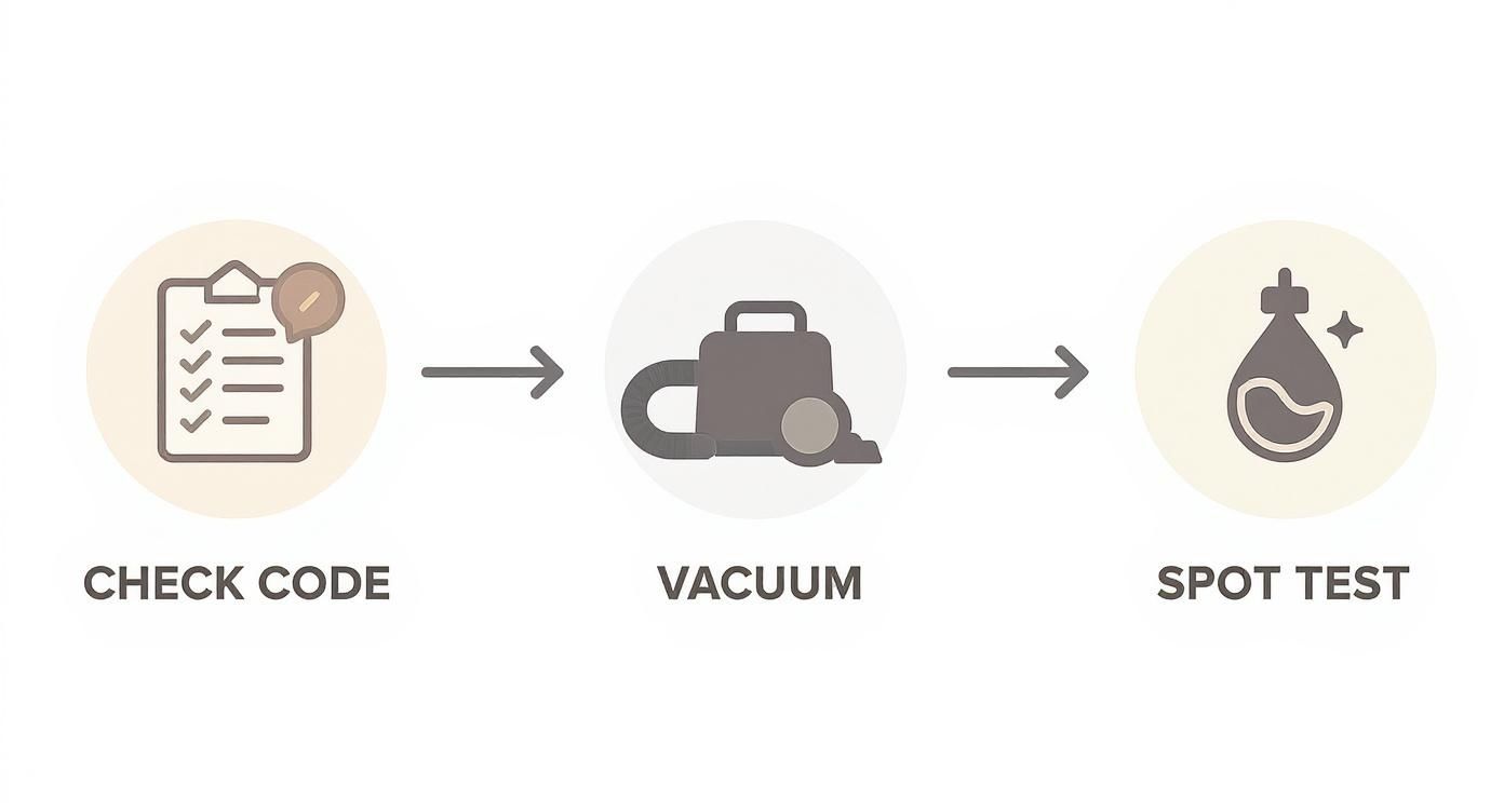 A three-step cleaning process with icons: check code, vacuuming, and spot testing.