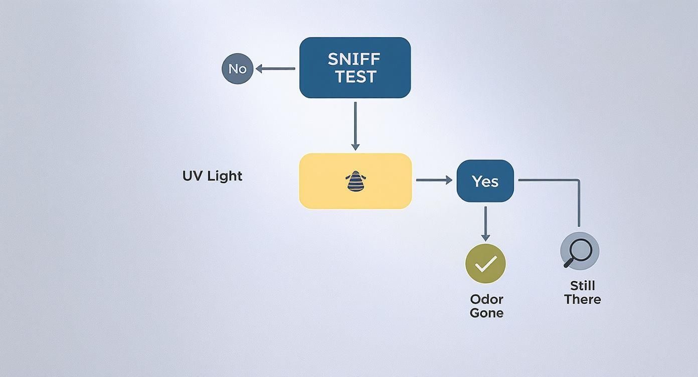 A flowchart detailing a process to identify and eliminate odors, involving a sniff test and UV light.