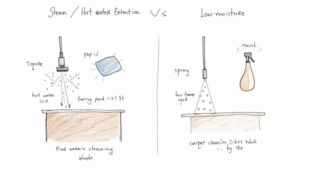 Diagram illustrating two carpet cleaning methods: steam/hot water extraction versus low-moisture spray cleaning.