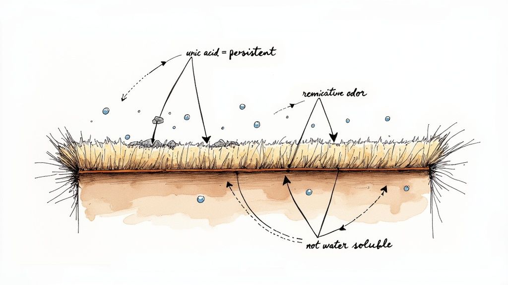A frustrated dog owner looking at a pet stain on a light-colored carpet.