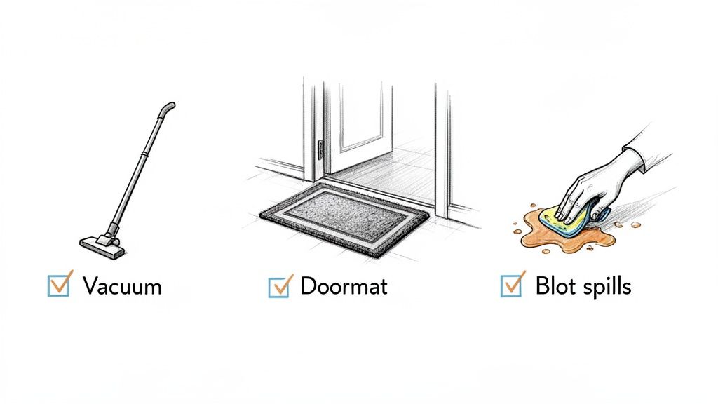 Three illustrations with checkmarks: a vacuum cleaner, a doormat, and a hand blotting a spill.