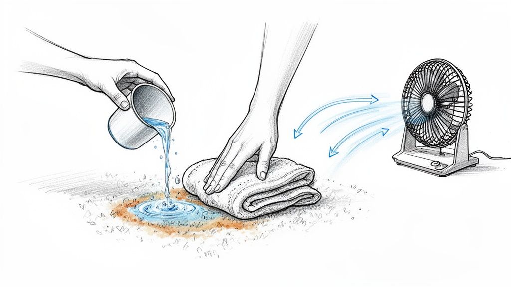 Hands demonstrating cleaning a spill on a carpet: pouring water, dabbing with a towel, and drying with a fan.