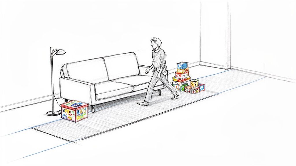 A sketch of a person walking on a rug near a sofa, a floor lamp, and various colorful storage boxes.