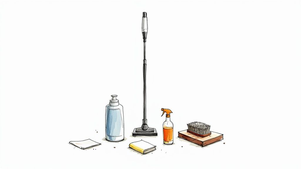 A collection of cleaning supplies including spray bottles, microfiber cloths, and a vacuum, neatly arranged.