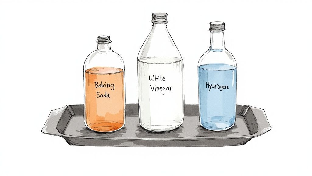 A collection of household cleaning items like baking soda, vinegar, and a spray bottle on a wooden surface.