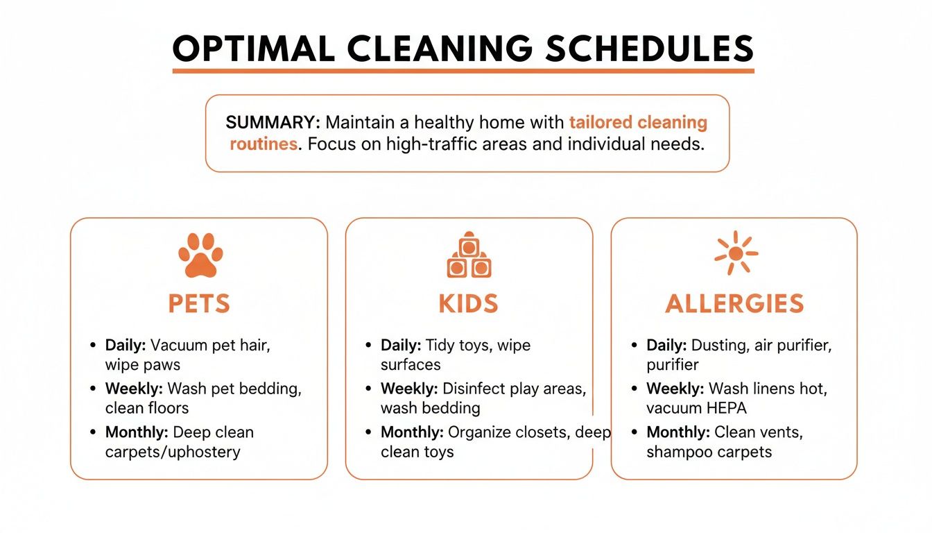 Optimal cleaning schedules for homes with pets, kids, and allergy considerations, detailing daily, weekly, and monthly tasks.