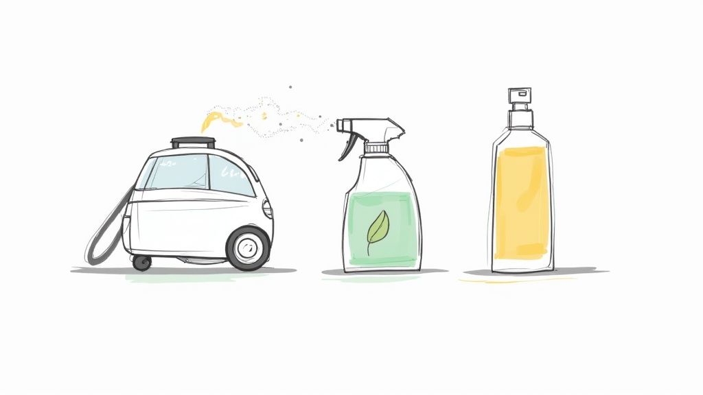 A happy dog sitting on a freshly cleaned carpet next to a basket of cleaning supplies.