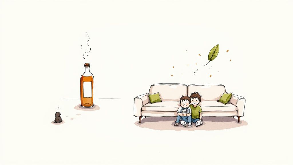 A person using an organic carpet cleaning machine on a light-colored carpet, emphasizing a clean and healthy home environment.