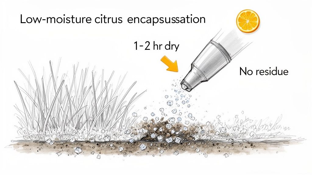 Illustration showing low-moisture citrus encapsulation being sprayed onto grass, promising quick drying and no residue.