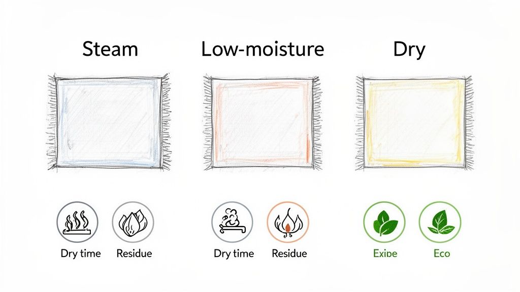 Comparison of steam, low-moisture, and dry carpet cleaning methods, showing dry time, residue, and ecological factors.