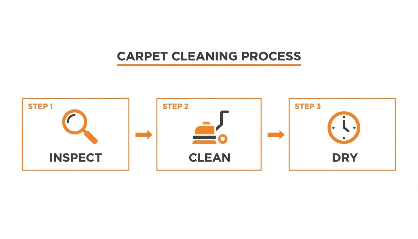 A three-step carpet cleaning process flow chart: Inspect, Clean, and Dry, with icons.