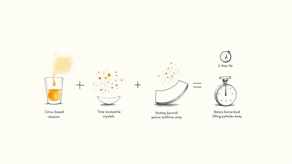 Diagram showing a multi-step carpet cleaning process using citrus solution, crystals, rotary pad, and time.