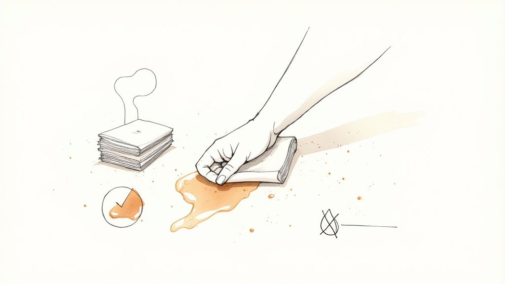 Hands blotting coffee stain on carpet with absorbent towel using proper cleaning technique