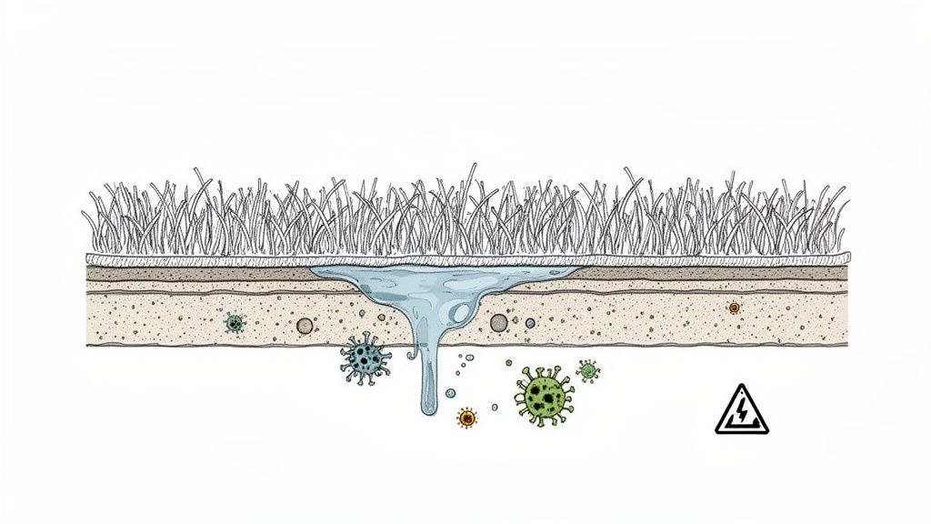 Cross-section illustrating water seeping through artificial turf layers, causing microbial growth and an electrical hazard.