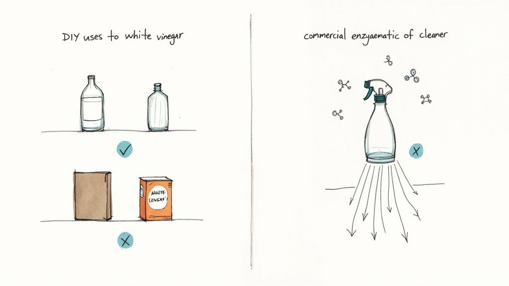 A spray bottle and a sponge on a carpet, representing cleaning options.