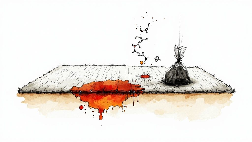 A close-up shot of a person using a cloth to gently blot a stain on a light-colored carpet.