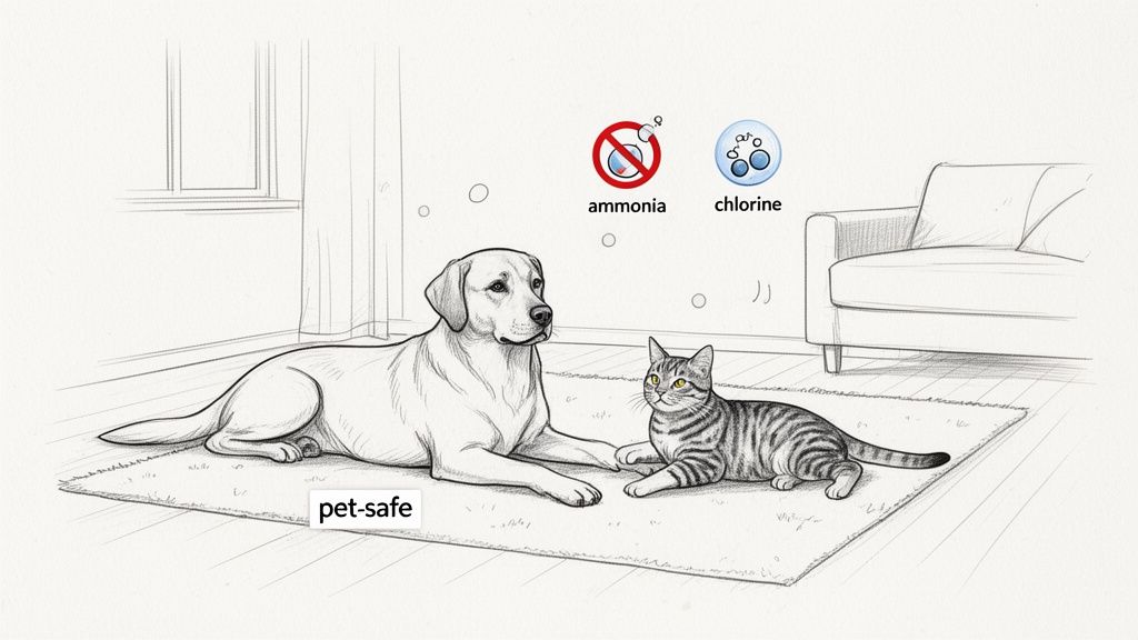 A pencil sketch of a dog and cat on a rug, emphasizing pet-safe cleaning without ammonia or chlorine.