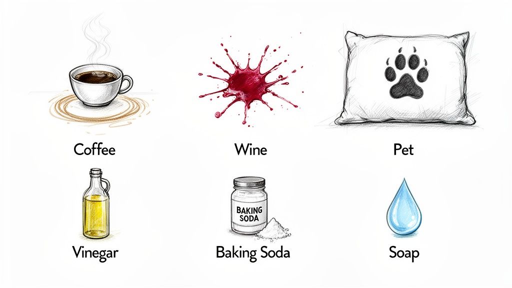Illustrations of common stains like coffee, wine, pet paw print, and cleaning remedies: vinegar, baking soda, and soap.