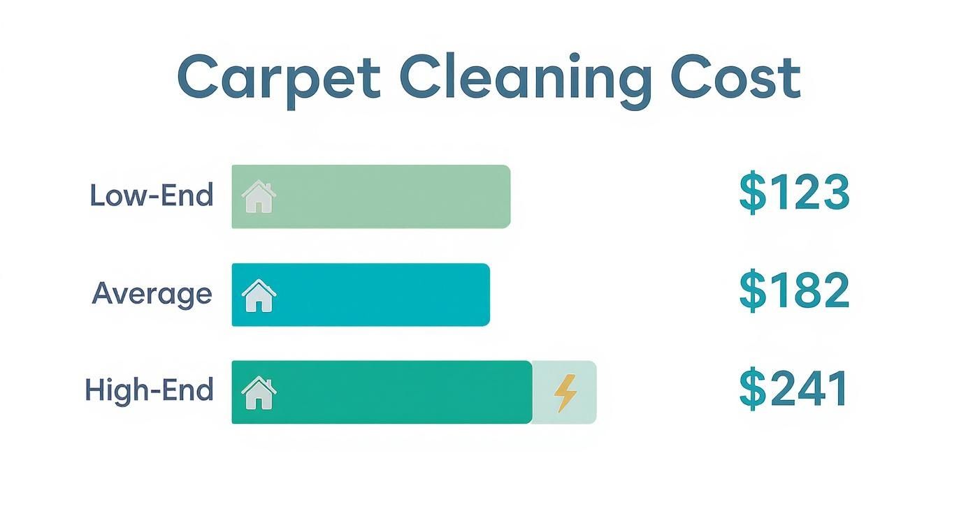 Bar chart displaying carpet cleaning costs: Low-End $123, Average $182, High-End $241.