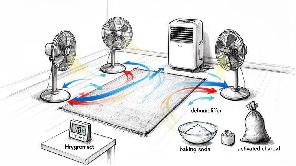 Diagram showing fans, a dehumidifier, and absorbents used to dry a carpet and remove mildew.