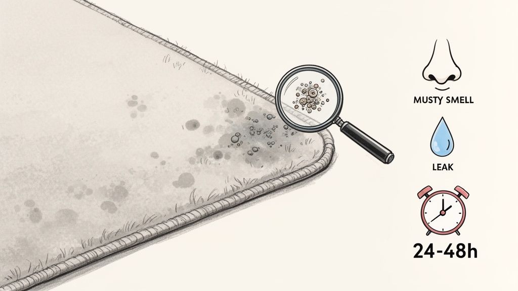 Illustration of mold on a carpet, magnified spores, and indicators for musty smell, leak, and 24-48 hour growth.