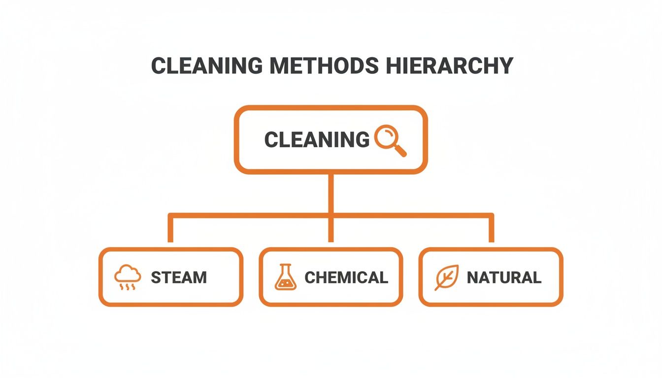 A hierarchy diagram illustrating three main cleaning methods: Steam, Chemical, and Natural.