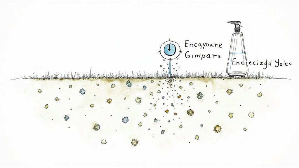 An illustration depicting a gauge-like device injecting particles into soil next to a pump dispenser bottle.