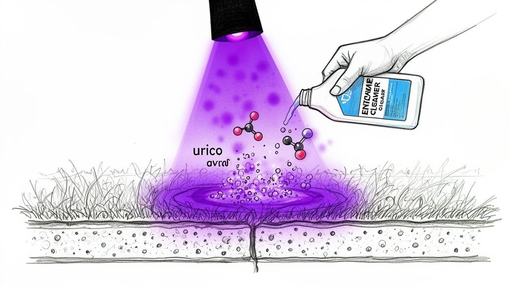 A hand pours cleaner under UV light onto ground with molecular structures reacting above a crack.