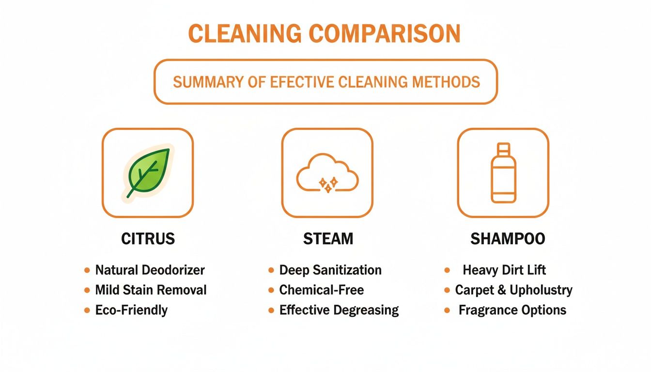 Comparison of effective cleaning methods: Citrus, Steam, and Shampoo, detailing their key benefits.