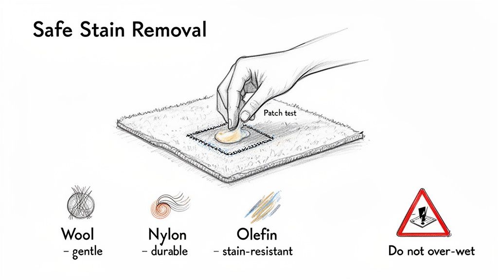 Illustration demonstrating safe stain removal from carpet, including a patch test and types like wool, nylon, and olefin.